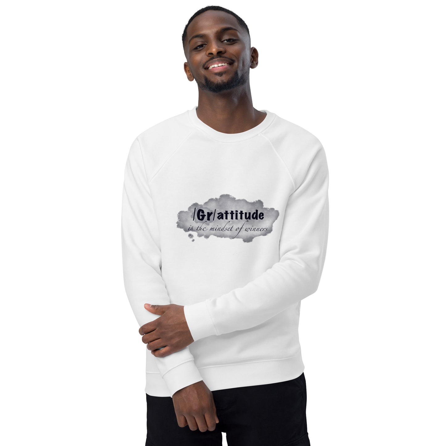 ATTITUDE. GRATITUDE. Unisex organic raglan sweatshirt. White.