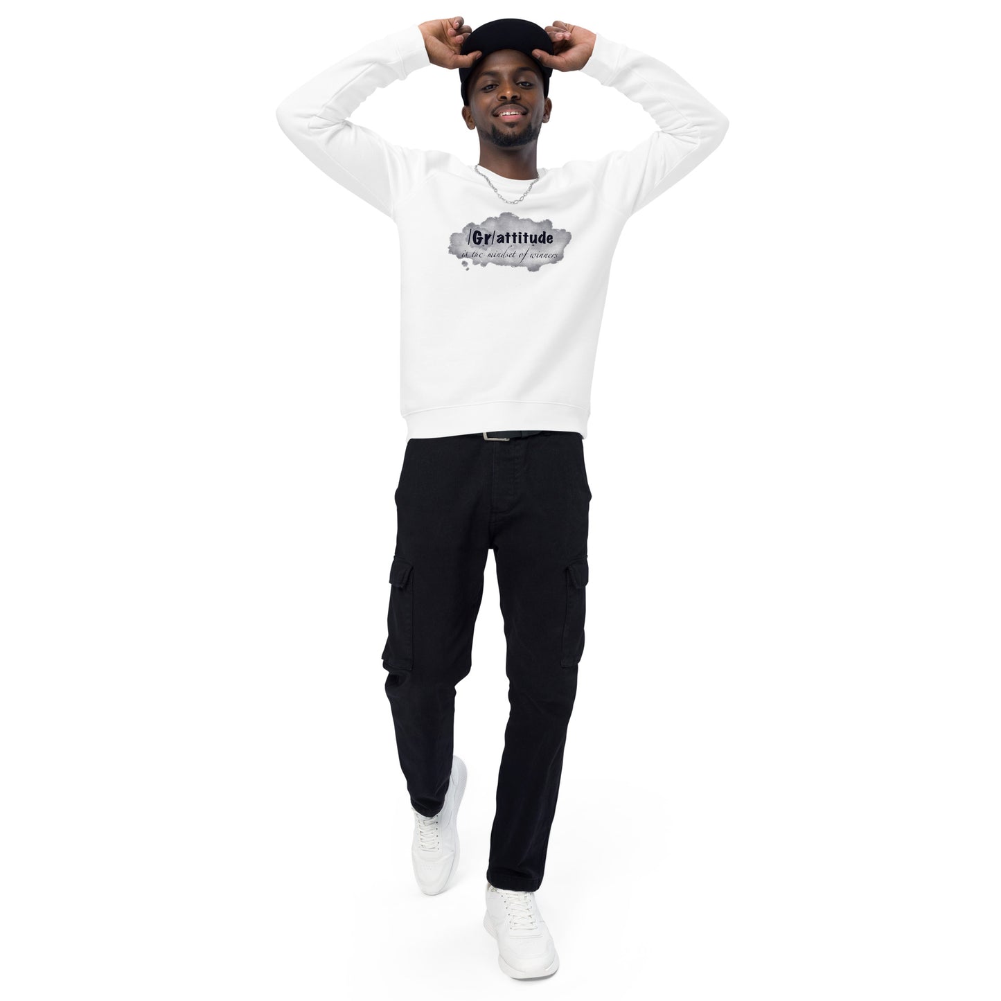 ATTITUDE. GRATITUDE. Unisex organic raglan sweatshirt. White.