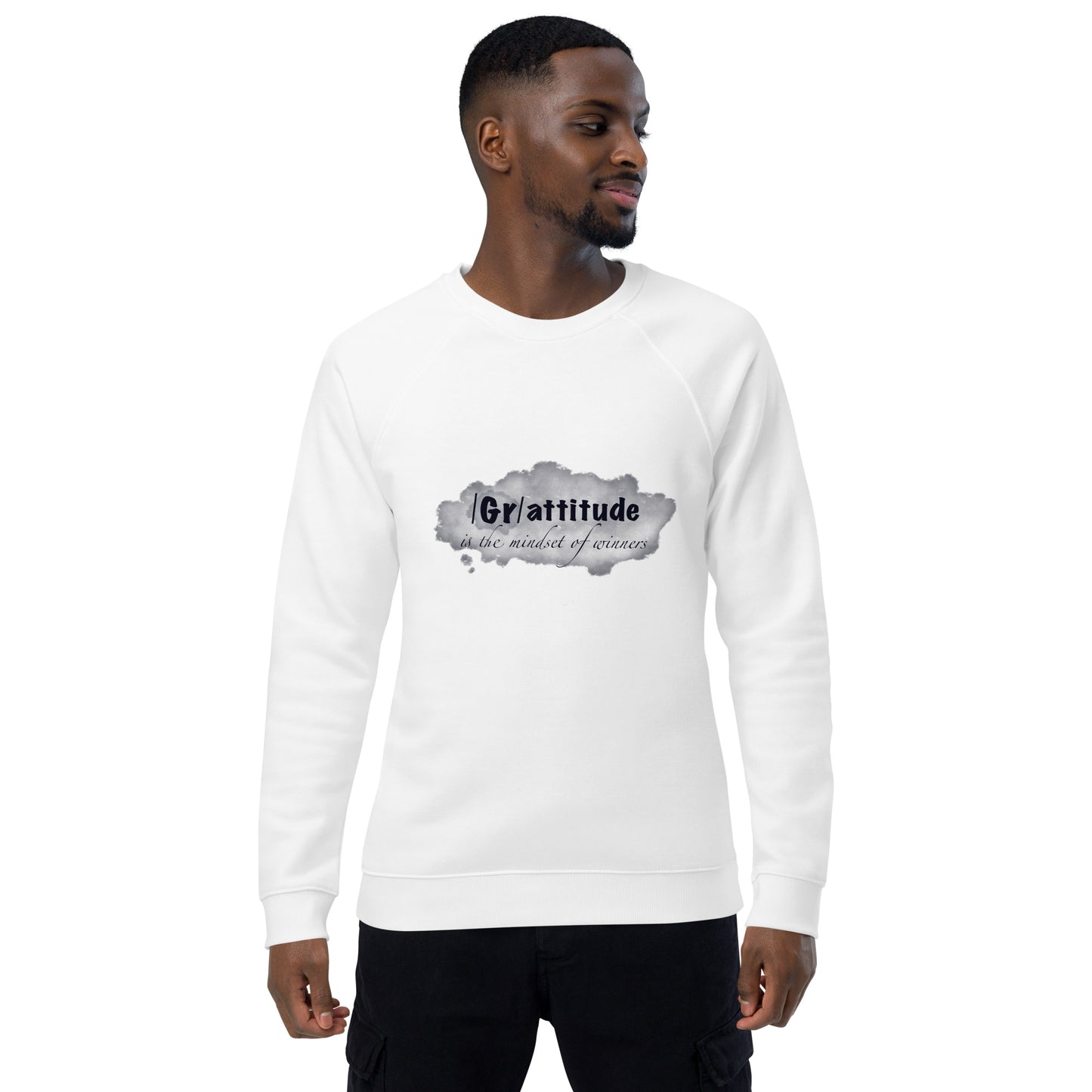 ATTITUDE. GRATITUDE. Unisex organic raglan sweatshirt. White.