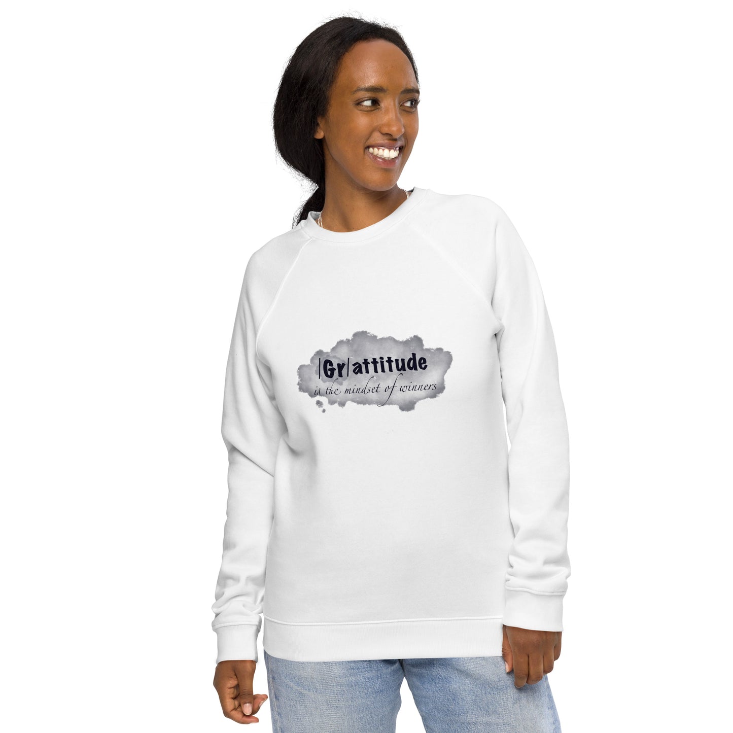 ATTITUDE. GRATITUDE. Unisex organic raglan sweatshirt. White.