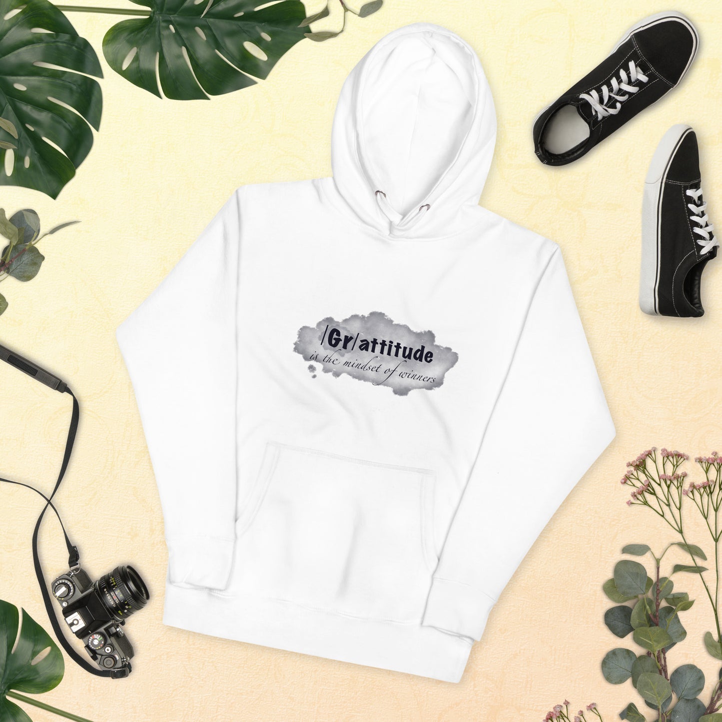 ATTITUDE. GRATITUDE. Unisex Hoodie. WHITE.